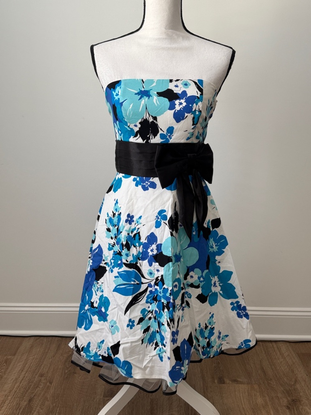 B Darlin Strapless Floral A-Line Dress in Blue, Black & White